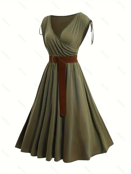 Elegant A-line dress with belt and ruffles