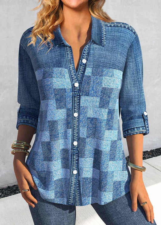 Texturierte grafische Button-Down-Bluse für Frauen