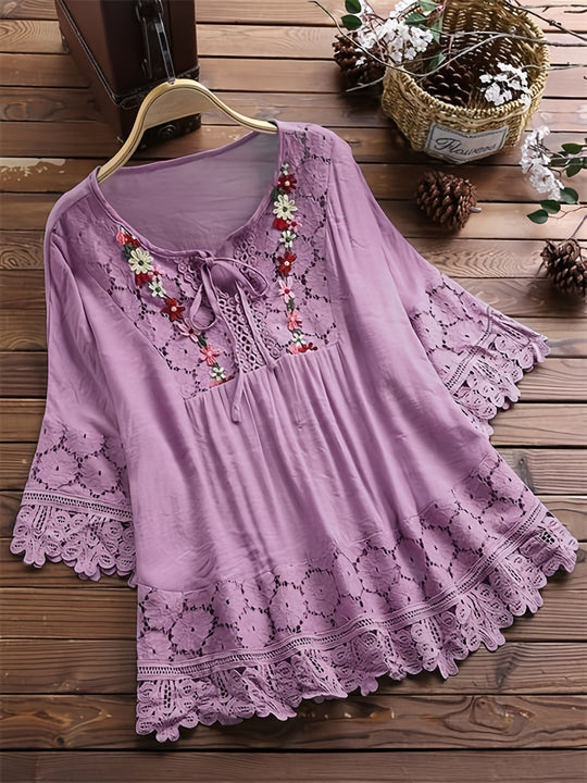 Plus Size Floral Applique Lace Blouse