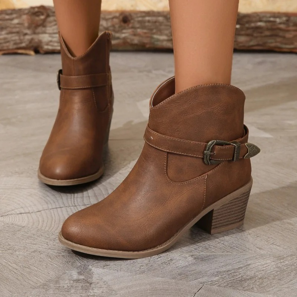 leather boots with metal buckle for women