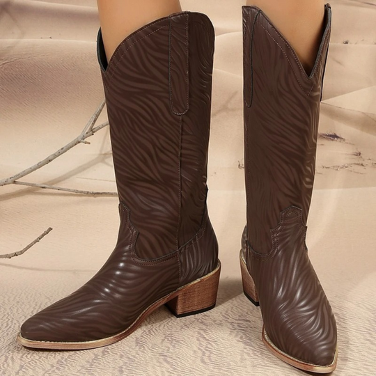 Printed brown leather boots for women