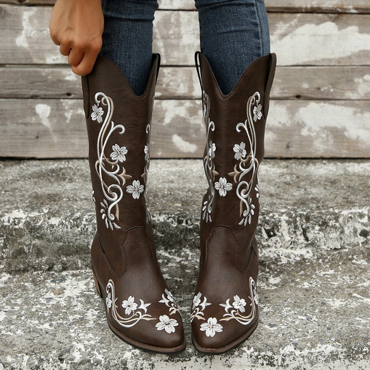 Floral embroidered leather women's boots