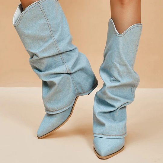 Folded denim block heel boots