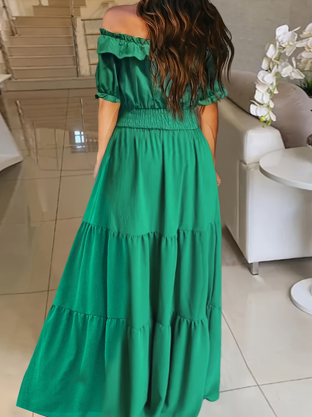 Elegant off-the-shoulder maxi dress with ruffle trim