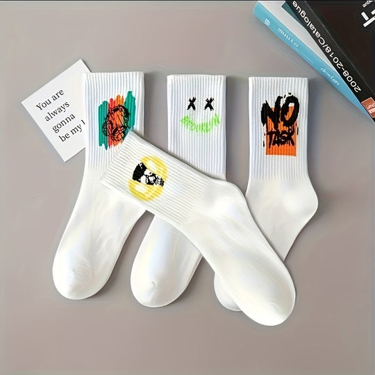 Men's Trendy Cartoon Graffiti Pattern Crew Socks (3/5/10 Pairs)