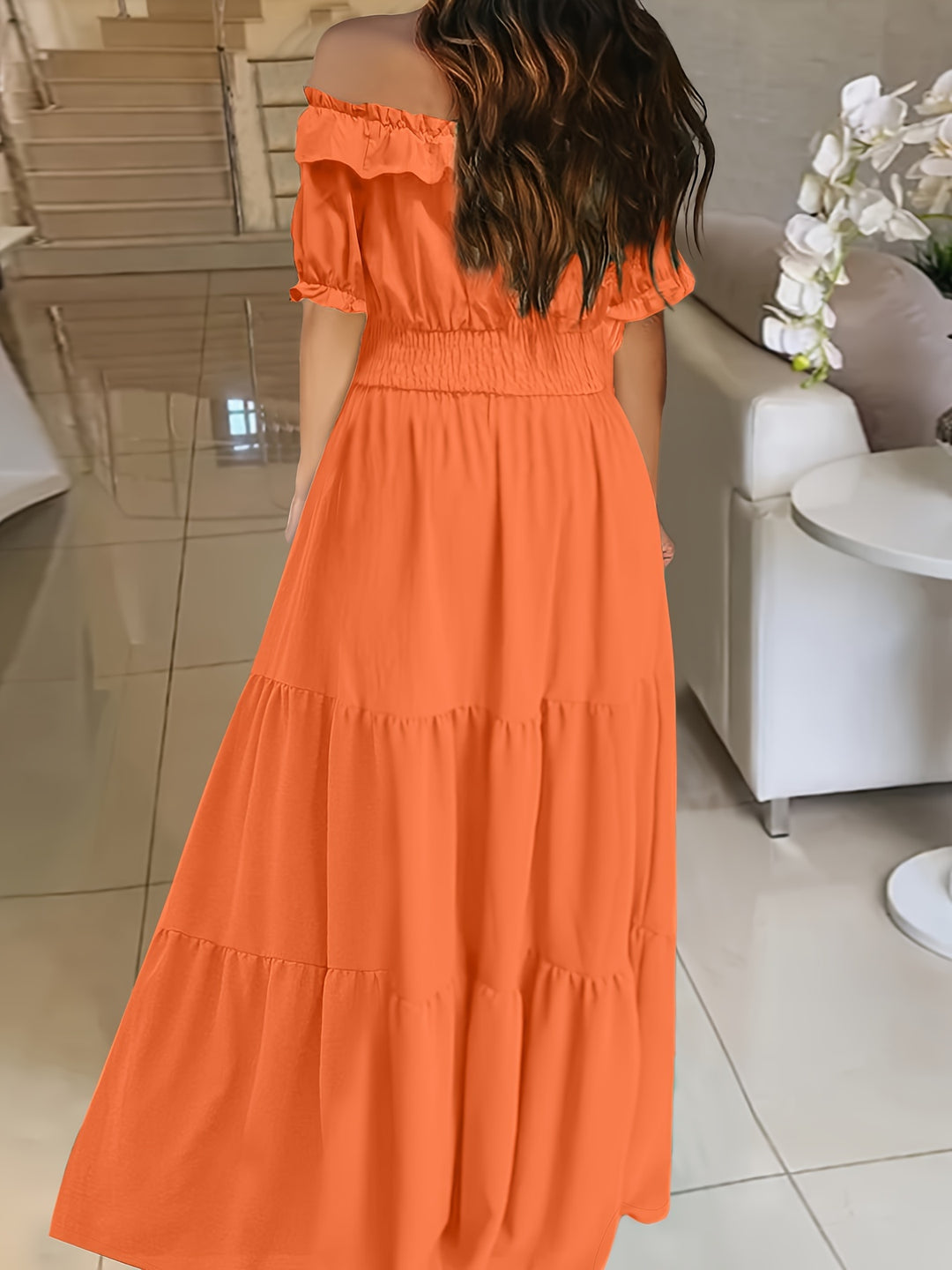 Elegant off-the-shoulder maxi dress with ruffle trim