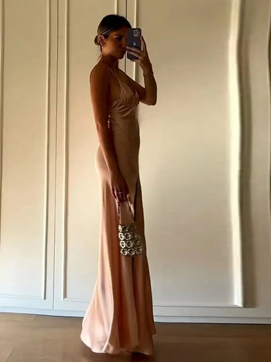 High-slit satin maxi dress with sling