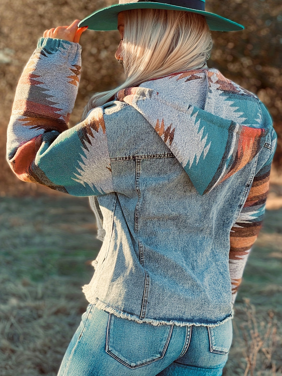 Geometric Printed Denim Jacket for Women