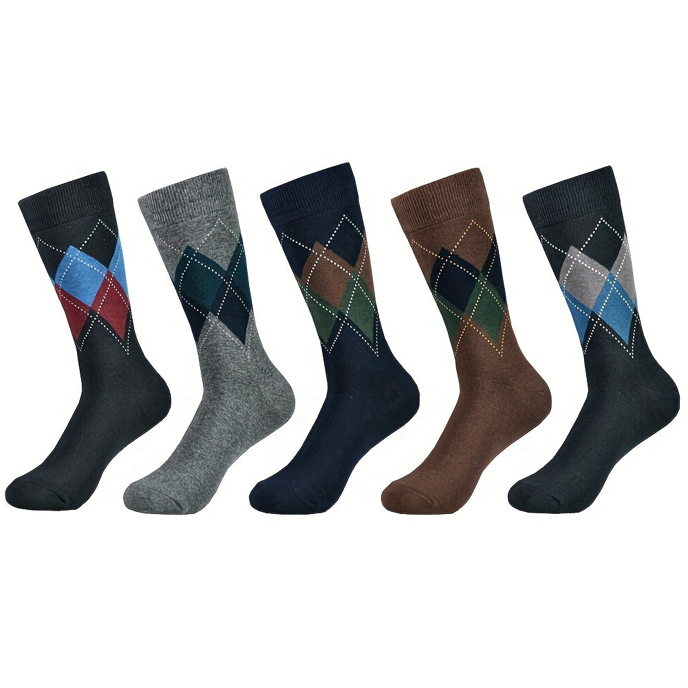 Colorblock Rhombus Crew Socks for Men (5 Pairs)