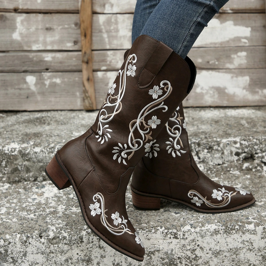 Floral embroidered leather women's boots