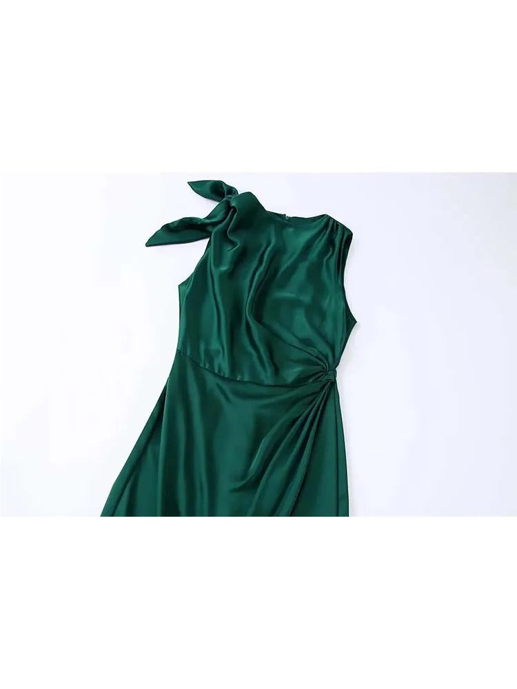 Green Satin Ruffle Dress for Women