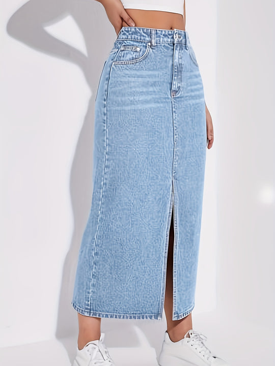 Women's Denim Midi Skirt with Split Front