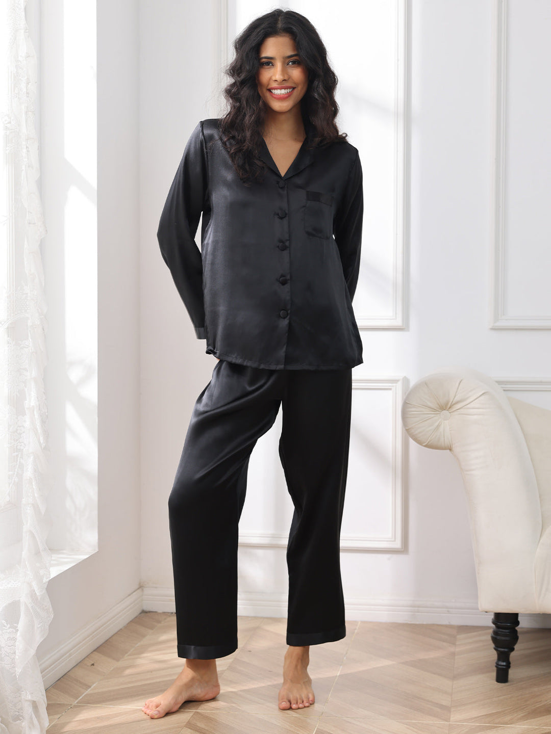 Luxurious pure silk pajama set with buttons