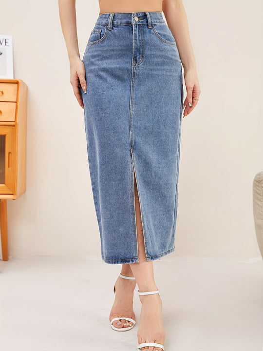 Women's Denim Midi Skirt with Split Front