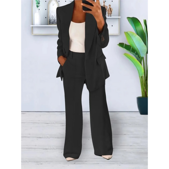 Long-sleeved blazer and bell-bottom trousers