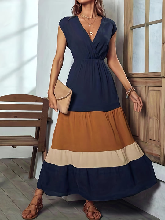 Elegant color block maxi dress with wrap neckline