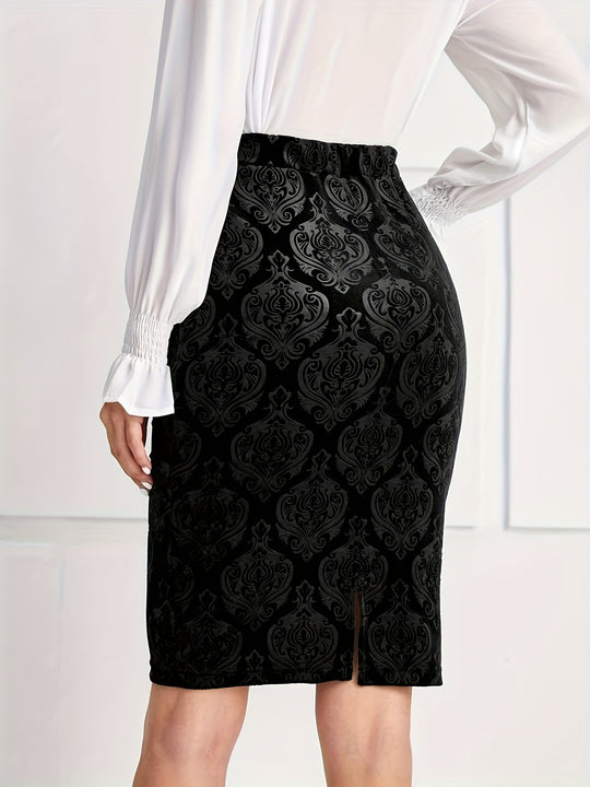 Plus Size Damask Print Pencil Skirt