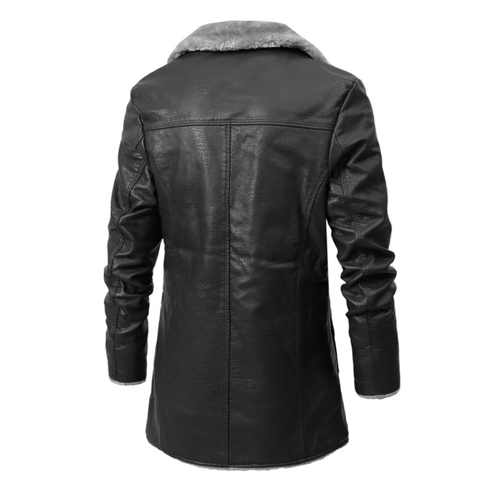 Thick warm long leather coat for men