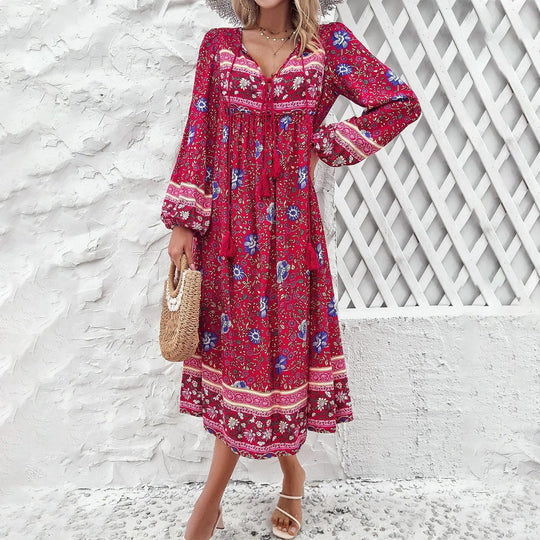 dress with floral pattern and tassels