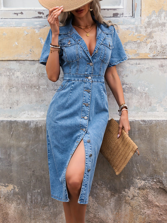 Casual Solid Color Mid-Length Denim Dress