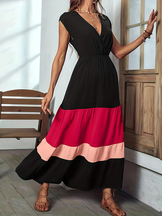 Elegant color block maxi dress with wrap neckline