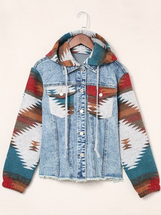 Geometric Printed Denim Jacket for Women