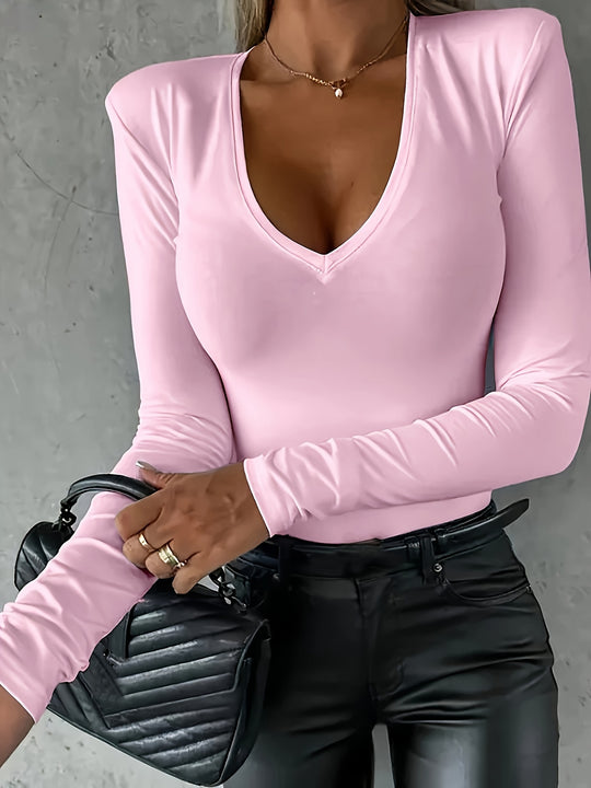 Solid long-sleeved V-neck top