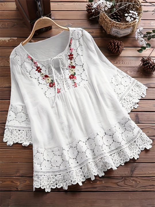 Plus Size Floral Applique Lace Blouse