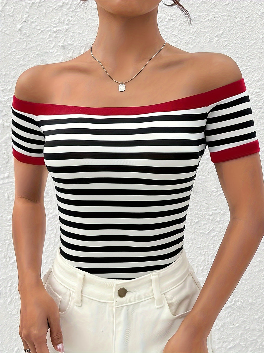 Striped Off-Shoulder T-Shirt with Print