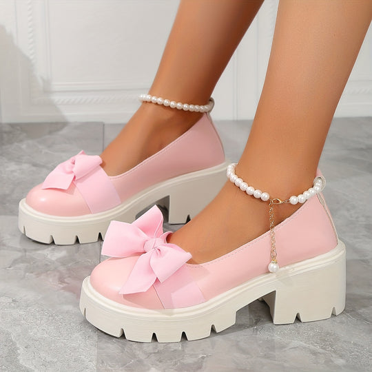 Women Pearl Chunky Heel Loafers