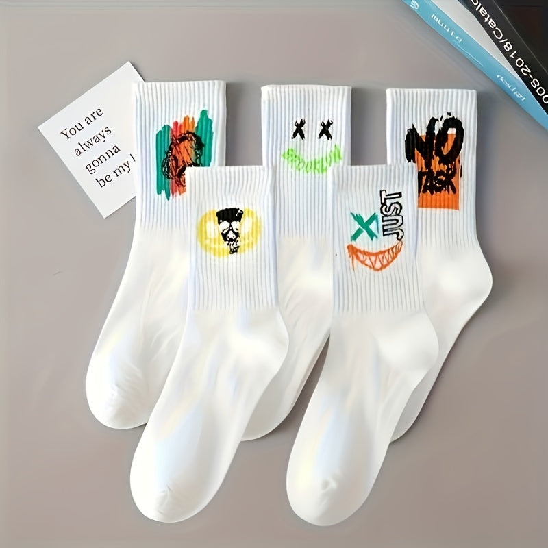 Men's Trendy Cartoon Graffiti Pattern Crew Socks (3/5/10 Pairs)