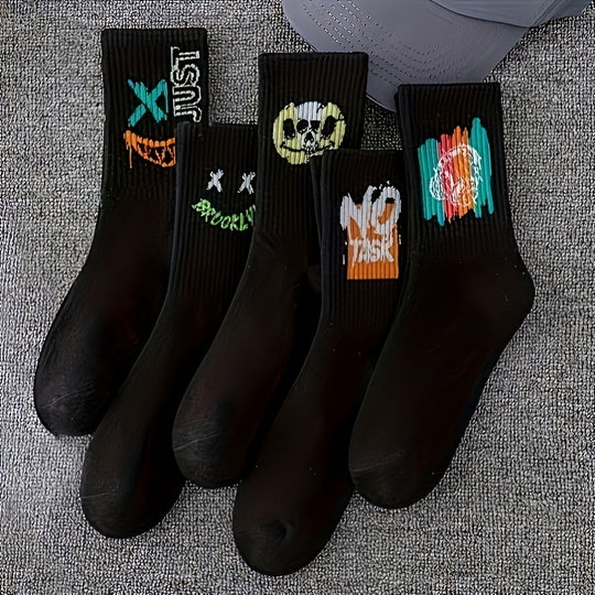 Men's Trendy Cartoon Graffiti Pattern Crew Socks (3/5/10 Pairs)