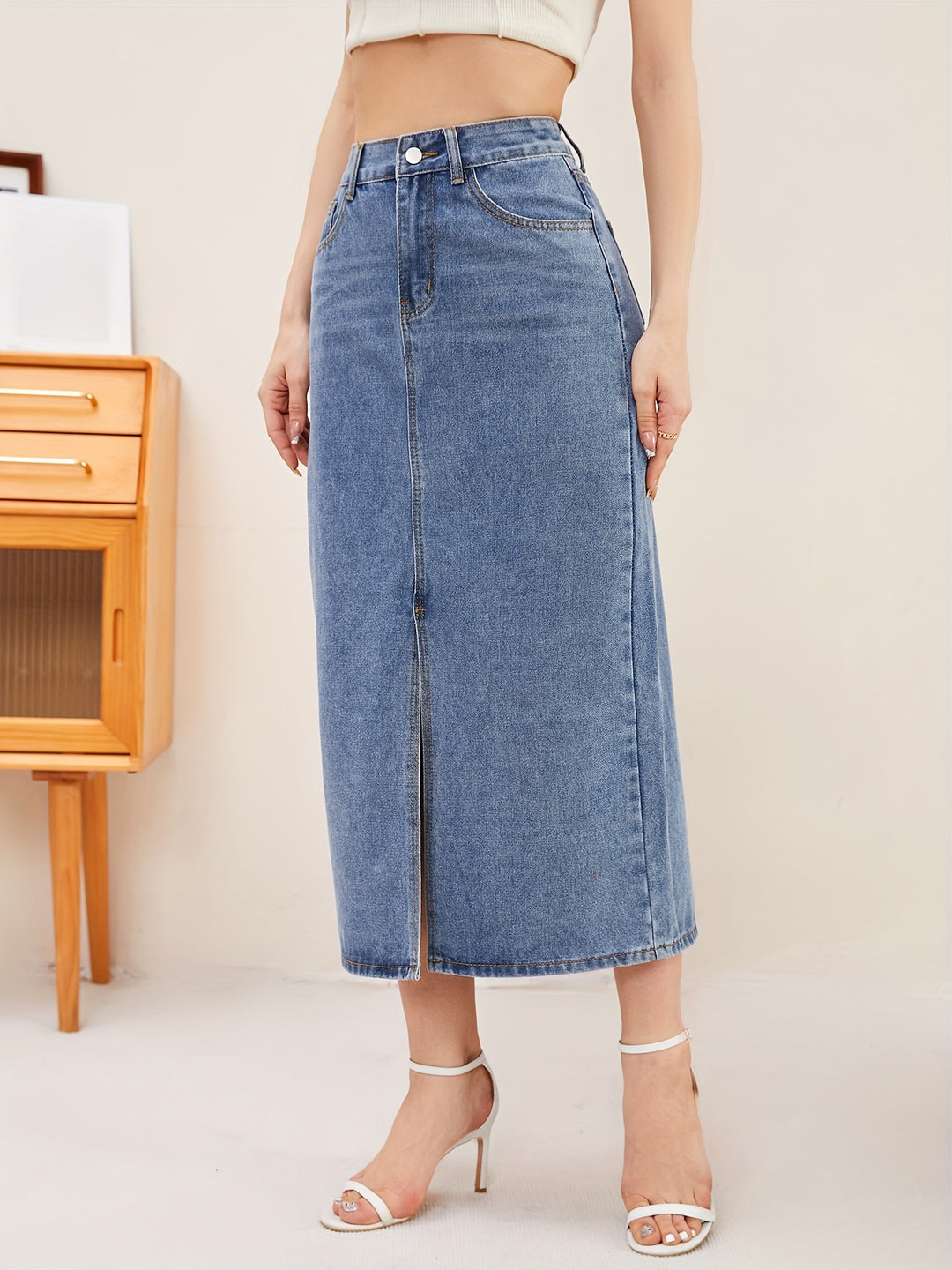 Women's Denim Midi Skirt with Split Front