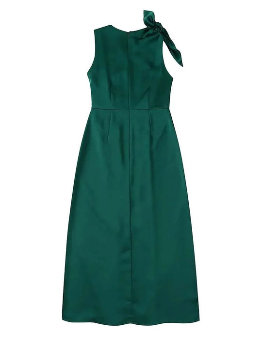 Green Satin Ruffle Dress for Women