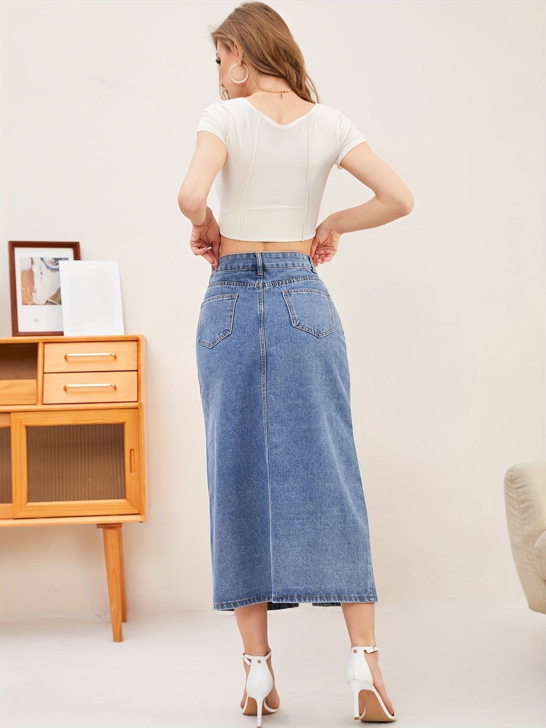 Women's Denim Midi Skirt with Split Front