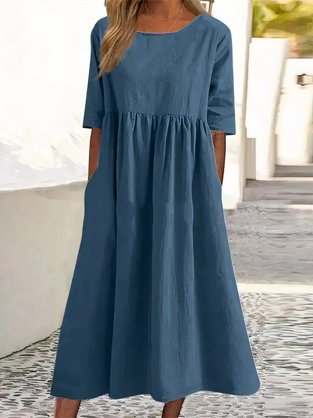 round neck cotton-linen dress