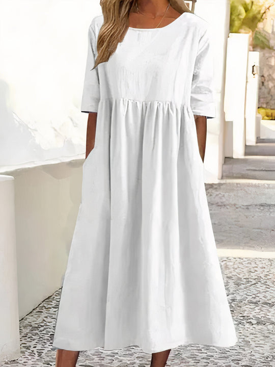 round neck cotton-linen dress