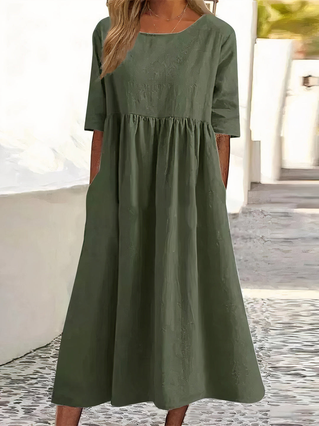 round neck cotton-linen dress