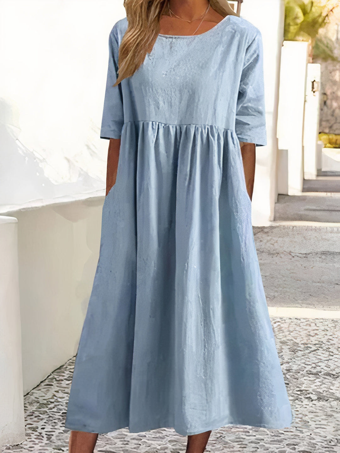 round neck cotton-linen dress