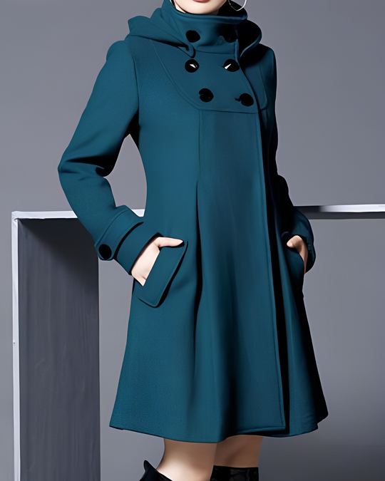 Mid-length coat with hood and high neckline