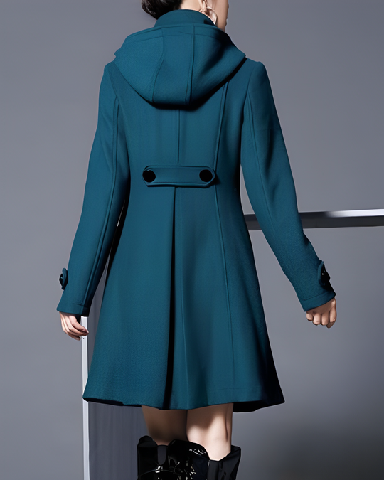 Mid-length coat with hood and high neckline