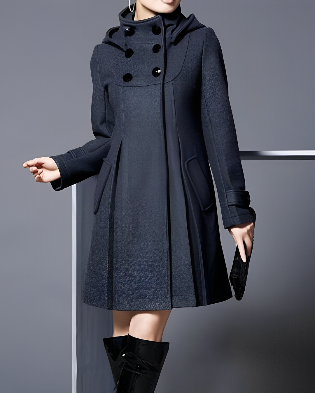 Mid-length coat with hood and high neckline