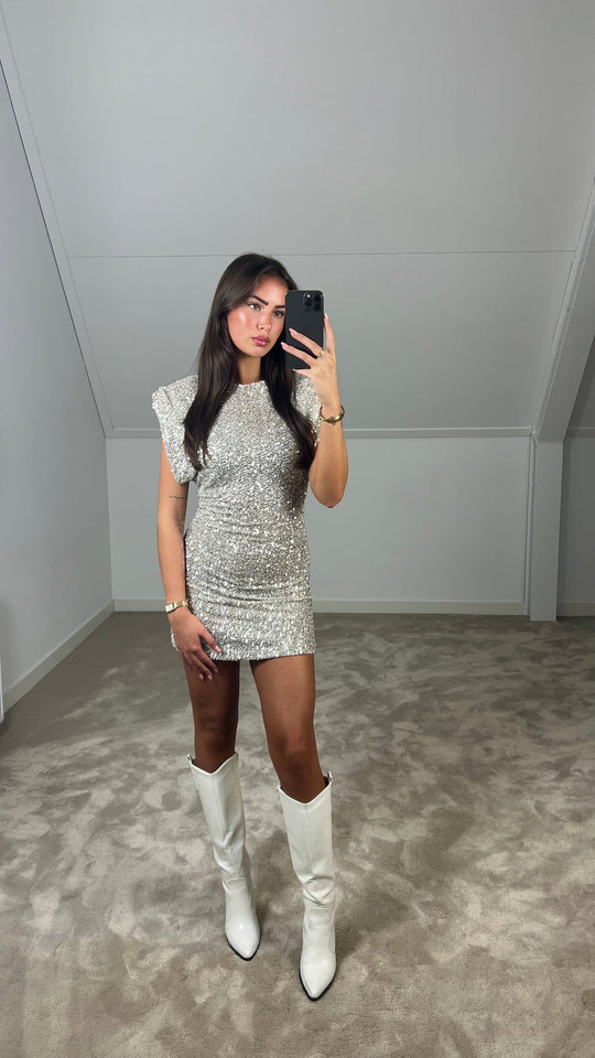 Off-the-shoulder padded sequin mini dress