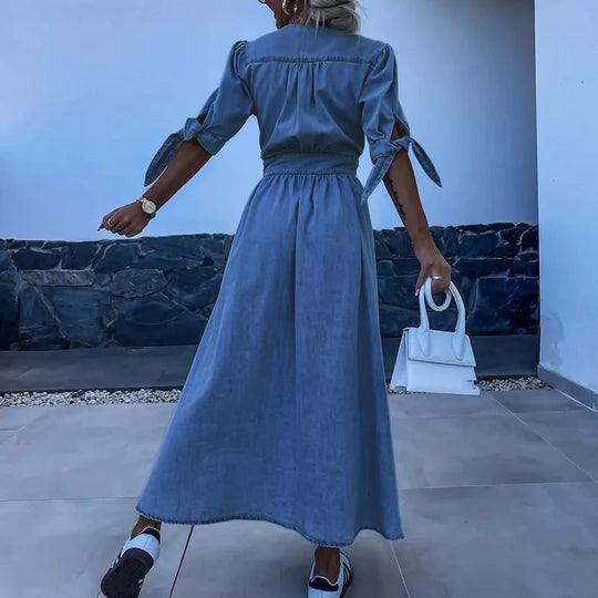 Long denim dress with button placket