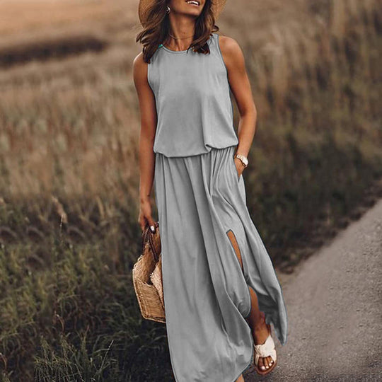 Sleeveless maxi dress with high slit