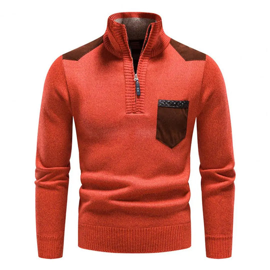 Patchwork Sweater with Half Zip Pocket