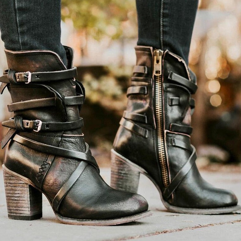 Vintage Leather Buckle Boots for Women