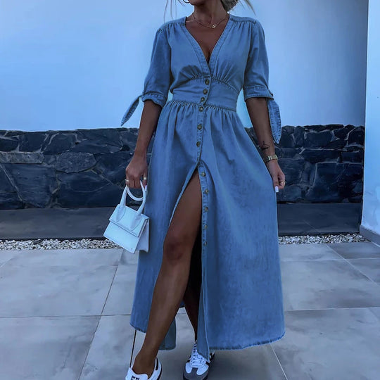 Long denim dress with button placket