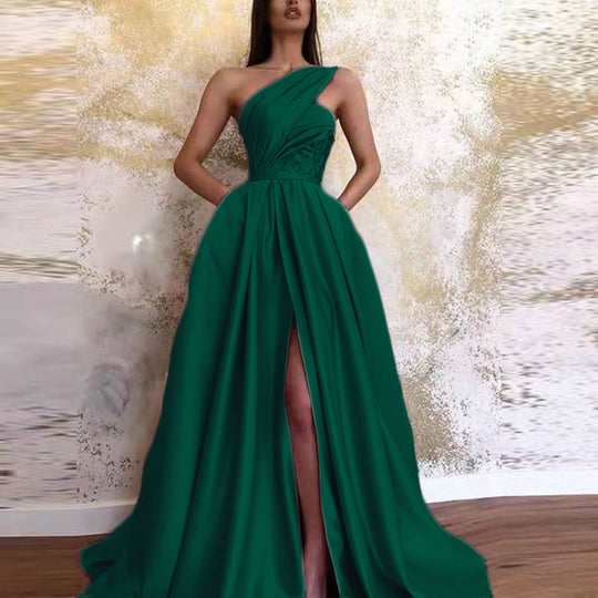 one-shoulder satin evening dress