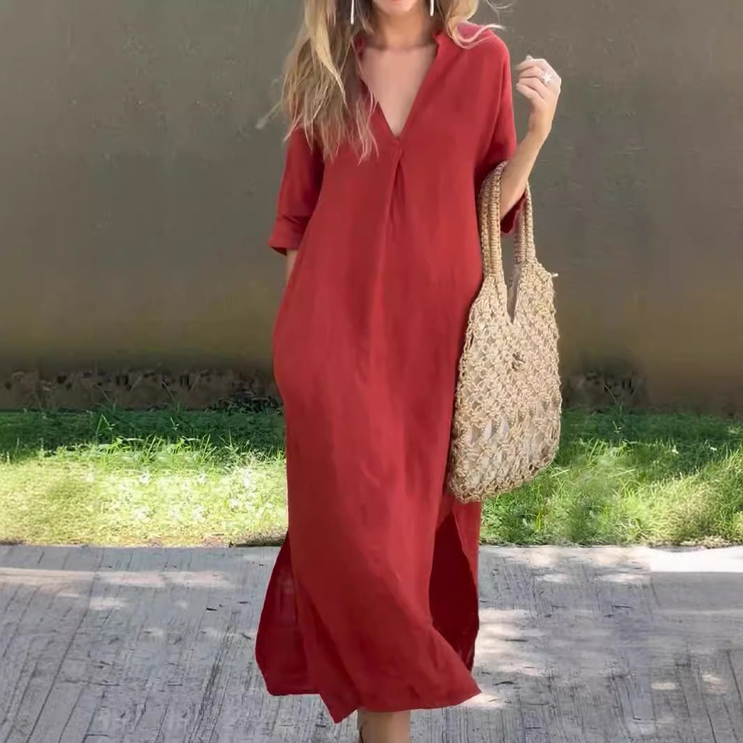 half-sleeve linen maxi dress